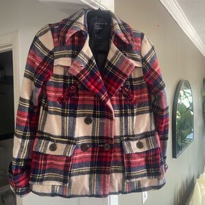 American Eagle Outfitters Women's Plaid wool Peacoat - Red, Blue, and Cream
